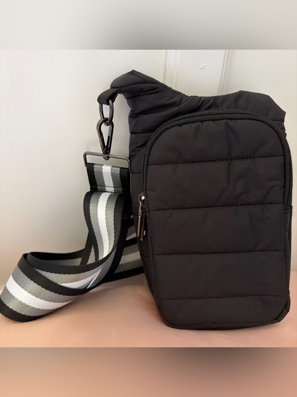 Wanderfull Black Quilted Crossbody Bag with Striped Strap